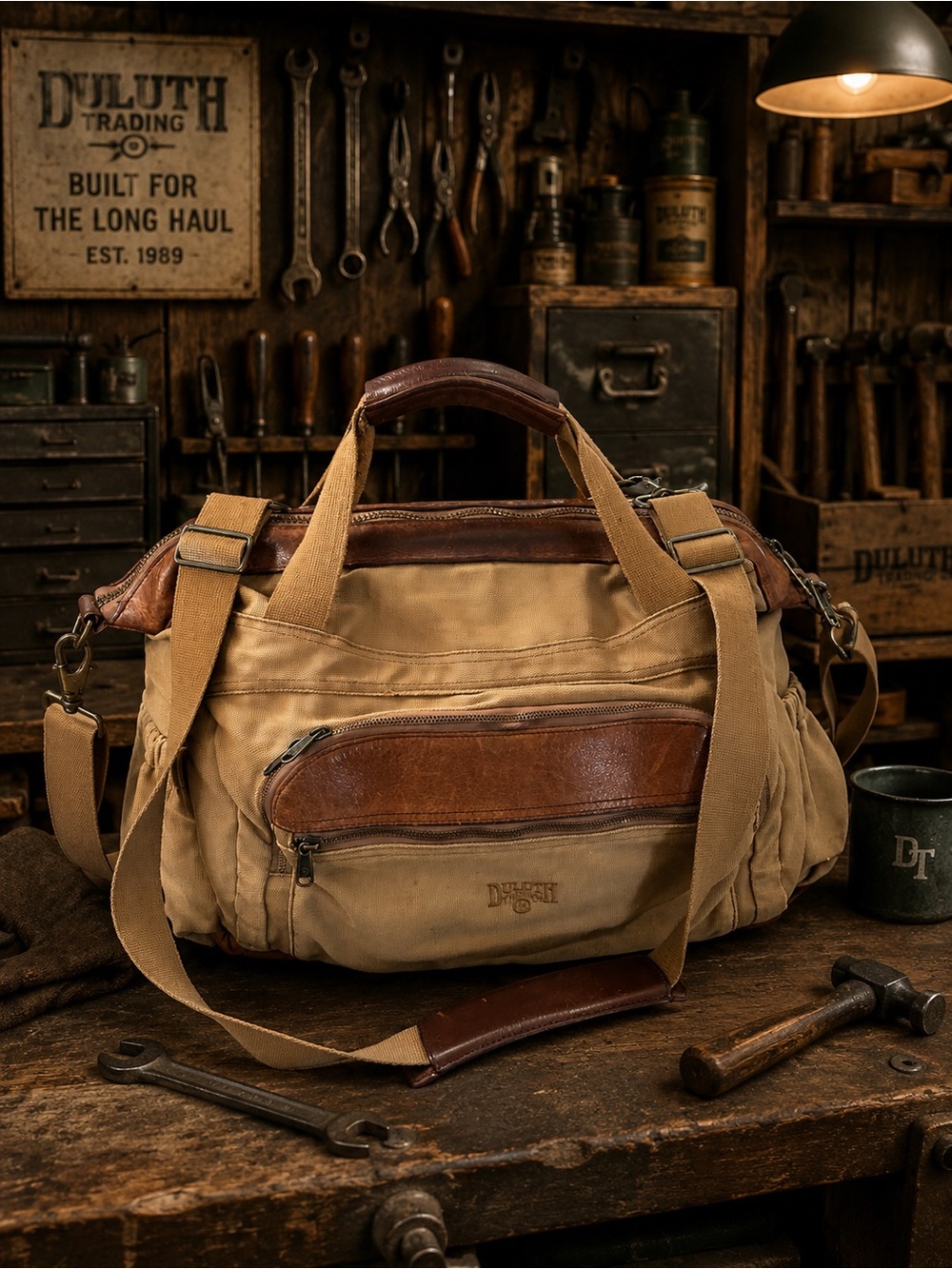 Duluth Trading Co Tan Canvas Duffel with Brown Leather Accents - Picture 12 of 13